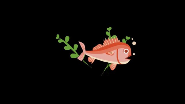 Animated orange fish swims among green aquatic plants with bubbles on a black background