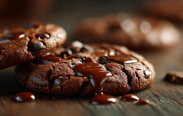 Fototapeta premium Rich Chocolate Chip Cookies With Dark Molten Chocolate Drizzle On A Wooden Surface