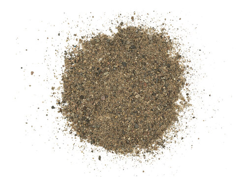 Top view of a small pile of coarse sand or gravel isolated on Transparent background, showing gritty texture and scattered grains, suitable for construction or landscaping concepts.