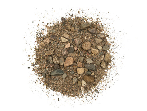 Top view of a pile of sandy gravel with small rocks and pebbles isolated on transparent background, rough texture material for construction or landscaping.