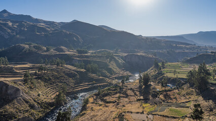 Beautiful mountain panorama. There are terraces on the slopes. The river is in the gorge. Green vegetation on the plateau. The blue sky. A sunny day. Peru. Colca Canyon.