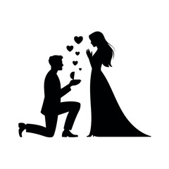 Romantic proposal moment with hearts and elegant silhouettes