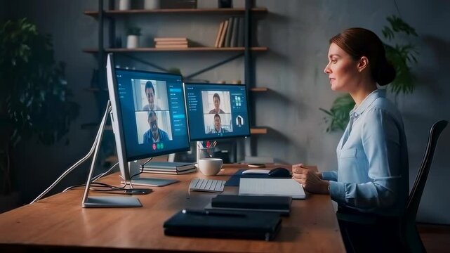 Woman oversees remote team collaboration on dual screens at home, Female leads interactive online meeting with team planning and candidate previews through multiple monitors