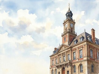 Detailed watercolor illustration of a grand European city hall building with a clock tower against a soft blue sky