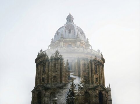 Mystical double exposure of the Radcliffe Camera and a pine forest in fog representing ancient wisdom and nature