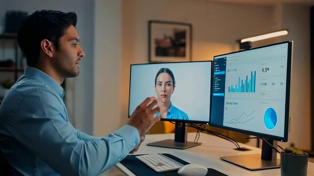 Man video conferencing, Professional utilizing multiple screens for remote collaboration tasks, Person in lowlit workspace managing video calls and interactive dashboards efficiently