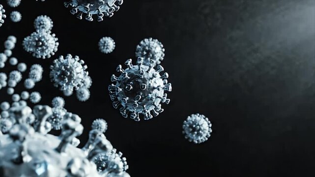 Microscopic CGI visualization of a swarm of Coronavirus particles with detailed spike proteins drifting in a dark