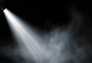Fototapeta premium Light rays beam through smoke and fog on dark background with glowing sunlight effect, misty atmosphere and dramatic spotlight texture. isolated on transparent PNG, Cinematic