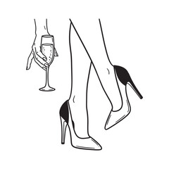 Elegant Woman in High Heels with Champagne Line Art