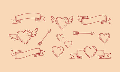 Vintage Hand Drawn Hearts Wings Arrows and Ribbon Banners Valentine Vector Set