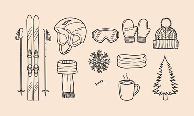 Hand Drawn Winter Sports and Christmas Elements Ski Gear Snowflake Mug Tree Vector Set