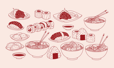 Japanese Food Collection Sushi Ramen Onigiri and Dumplings Hand Drawn Line Art Set
