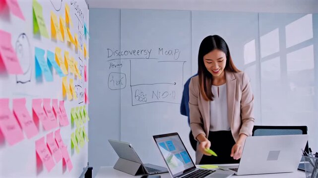 Creative team session, Collaborative brainstorming involving colorful notes and tablets, Innovative team meeting utilizing markers and tablets for quick concept development and feedback