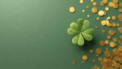 Green Background with Four Leaf Clover and Gold Coins for Good Luck Theme