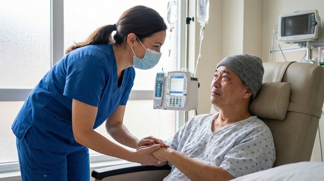 Caring nurse wearing a mask gently holds the hand of a patient receiving intravenous chemotherapy treatment in a hospital room.
