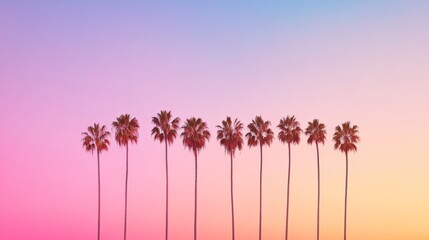 Naklejka premium Eight palm trees rising majestically against a vibrant, colorful sunset sky, creating a picturesque and serene tropical landscape filled with tranquil beauty and exotic charm