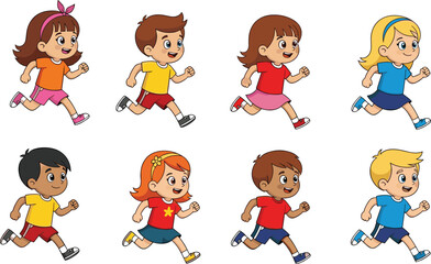 Diverse Group of Happy Cartoon Children Running and Jogging in Sportswear Set Isolated on White Background for Physical Education Illustration