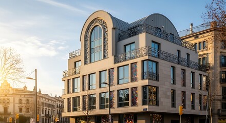 Fototapeta premium A modern grey building in Barcelona featuring a vaulted roof, intricate metal filigree, and colorful mosaic window art