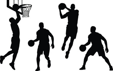 Basketball player silhouettes collection showing dribbling, jumping, dunking and shooting actions isolated on light background for sports competition, athletic performance and team game concepts © Mostofa Expressive