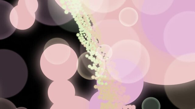 Abstract digital background featuring a dynamic flow of glowing particles amidst soft, translucent pastel-colored bubbles, creating a vibrant and ethereal visual effect
