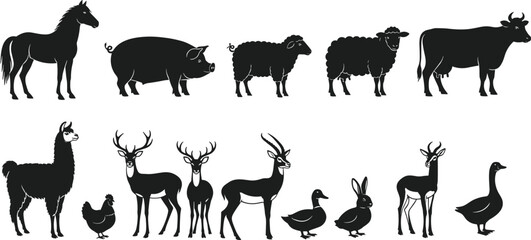Obraz premium Farm and Wild Animal Silhouette Collection, Livestock and Woodland Vector Set, Nature Icons, cad drawing flat vector illustration, Rural Wildlife