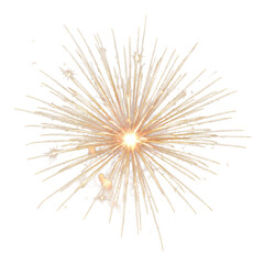 Intensely vibrant, symmetrical firework explosion with a white-hot core and sharp golden-orange light streaks against a neutral transparent background, highlighting high-contrast detail. concept of