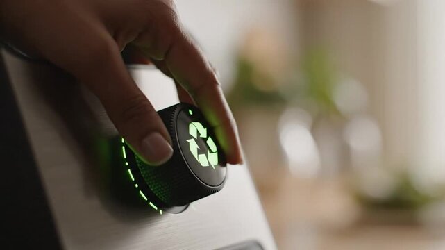 Hands adjust a control dial with a glowing green recycling symbol for environmental conservation
