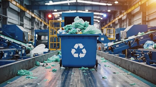 Blue recycling bin overflowing with plastic waste in industrial facility