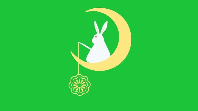 Animated white rabbit sits on glowing crescent moon with hanging flower charm on bright green screen playful cartoon style