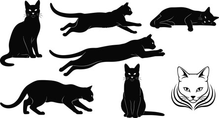 Cat silhouettes in diverse poses, sitting, running, crouching, leaping, stylized feline face emblem, elegant vector artwork for design and educational projects © Hafeza