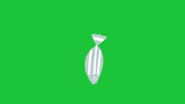 Animated striped fish floats gently in playful motion on bright green chroma key background cartoon style underwater