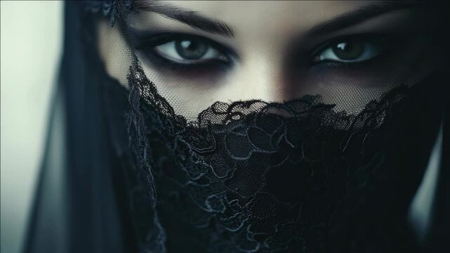 Portrait of a stylish, confident woman with striking green eyes, wearing a hijab and dark makeup.