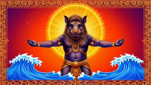 Vibrant Artistic Depiction of Varaha  the Boar Avatar of Vishnu  in Ocean with Radiant Halo and Traditional Ornamental Frame for Religious Celebration