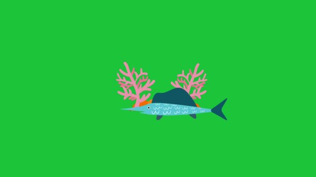 Animated swordfish swims gracefully through vibrant coral reef on bright green screen background playful cartoon style