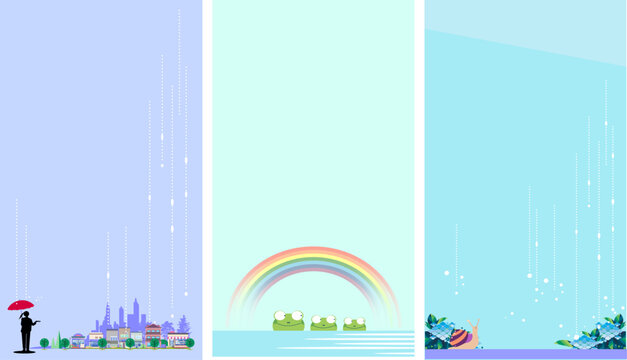 梅雨の季節の背景イラストセット：雨の街、虹とカエル、紫陽花とカタツムリ