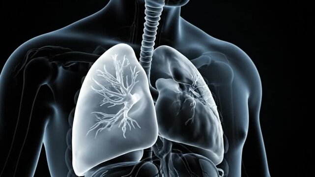 Detailed X-ray view of human lungs and trachea in a medical illustration showcasing respiratory system anatomy
