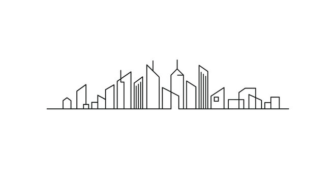Minimalist single continuous line drawing of a modern city skyline with skyscrapers and urban buildings on a white background.