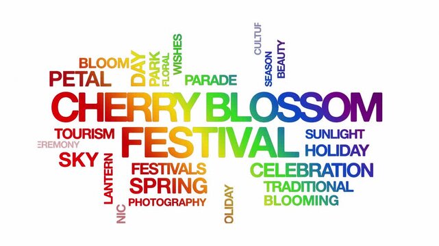 Cherry Blossom Festival concept Animated Tag Word Cloud kinetic typography, Text Design Animation typography seamless loop video motion graphics Intro Wordart hanami rainbow type on white background b