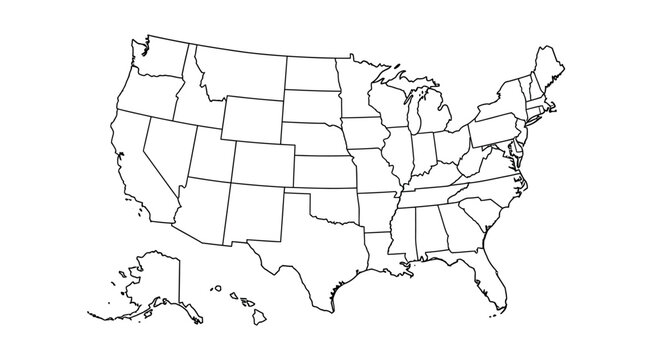 Vector outline map of the United States of America, featuring all fifty states with distinct borders, suitable for graphic design, educational materials, and geographic representations