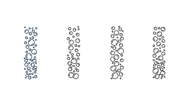 Set of four vertical columns of rising water bubbles in different styles from simple outlines to shaded blue circles.