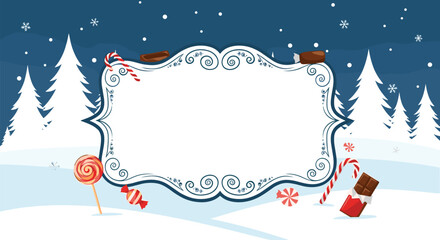 Festive winter frame with a blank white scroll surrounded by snow covered trees, candy canes, and chocolate sweets.