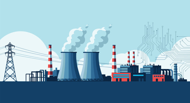 Modern vector illustration of a nuclear power plant with large cooling towers and smoking chimneys under a clear blue sky.