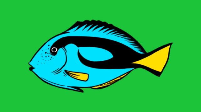Blue tang fish with vibrant blue body black markings and yellow tail swims on bright green background in playful cartoon aquatic animation style