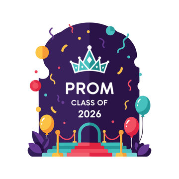 A colorful prom design featuring a crown, text, balloons, and an entrance