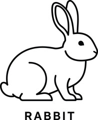 Obraz premium Rabbit silhouette line drawing with bold text, minimalist wildlife vector illustration showing sitting pose and animal recognition educational design concept