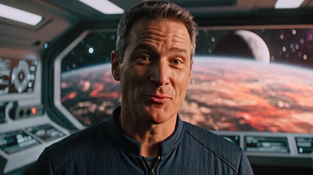 Astronaut in spacecraft bridge speaking to camera and smiling with varied expressions. Mature white male commander presents energetic mission briefing with panoramic planet