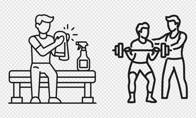 Gym hygiene and weightlifting support line icon set showing man cleaning equipment with towel and spray bottle and spotter assisting with barbell chest press