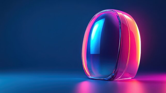 A Sleek, Translucent, Rounded Object with Vibrant Pink and Blue Lighting on a Dark, Reflective Surface