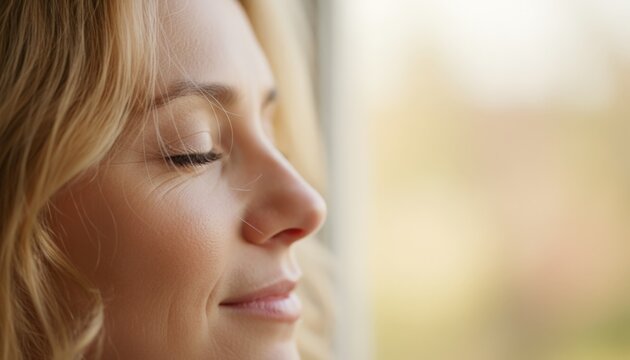 Caucasian Woman Closeup By Window Light With Soft Smile And Relaxed Profile, Blurred Background Bokeh, Morning Calm And Reflective Mood Ideal For Lifestyle And Mindfulness Concepts.