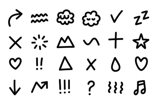 Hand drawn doodle symbol vector icon set, sketch style elements including arrows, stars, hearts, clouds, question marks, check marks, and abstract signs for notes, comics, UI, and creative design